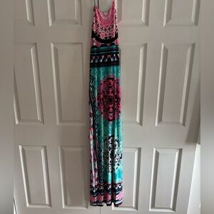 Fashion Nova Turquoise & Pink Printed Maxi Dress